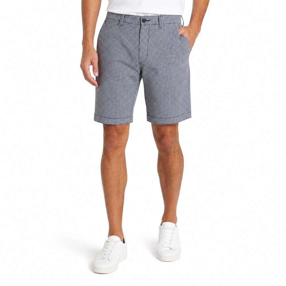 Kenneth Cole New York Mens 33 Blue White Micro Check Plaid Cotton Chino Shorts